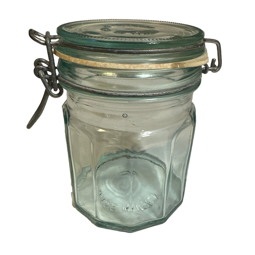 VTG Hermetic Green Tint Glass Canister Jar Made In Italy 5.25" Tall